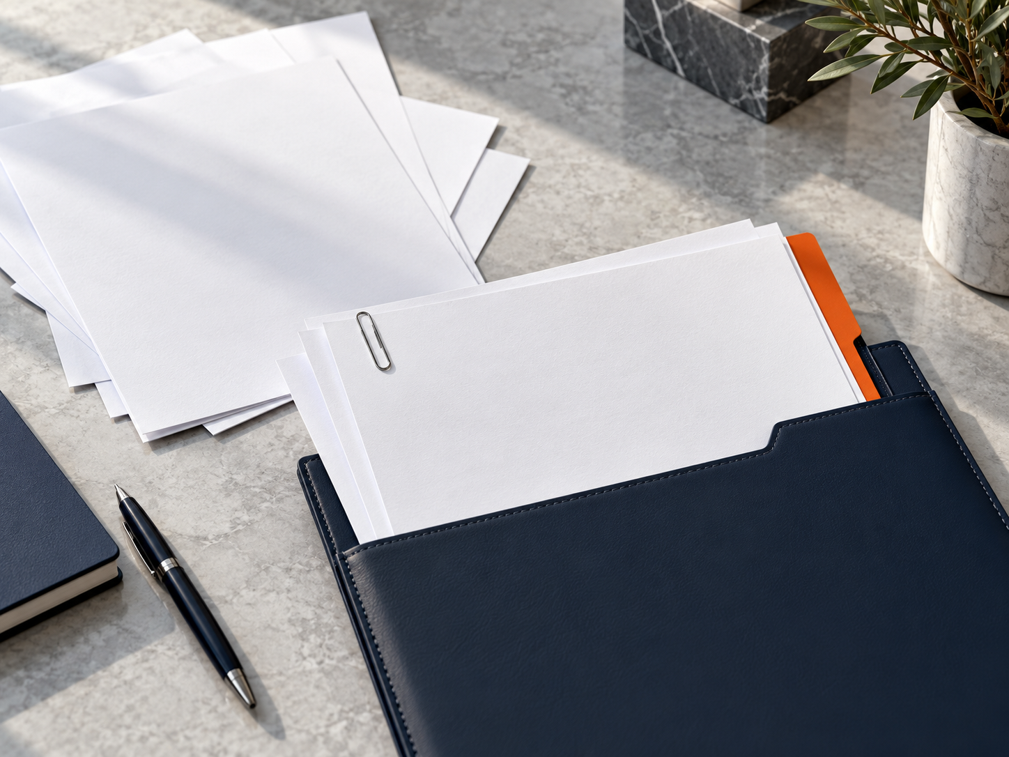 Company papers and a navy document folder arranged on a desk